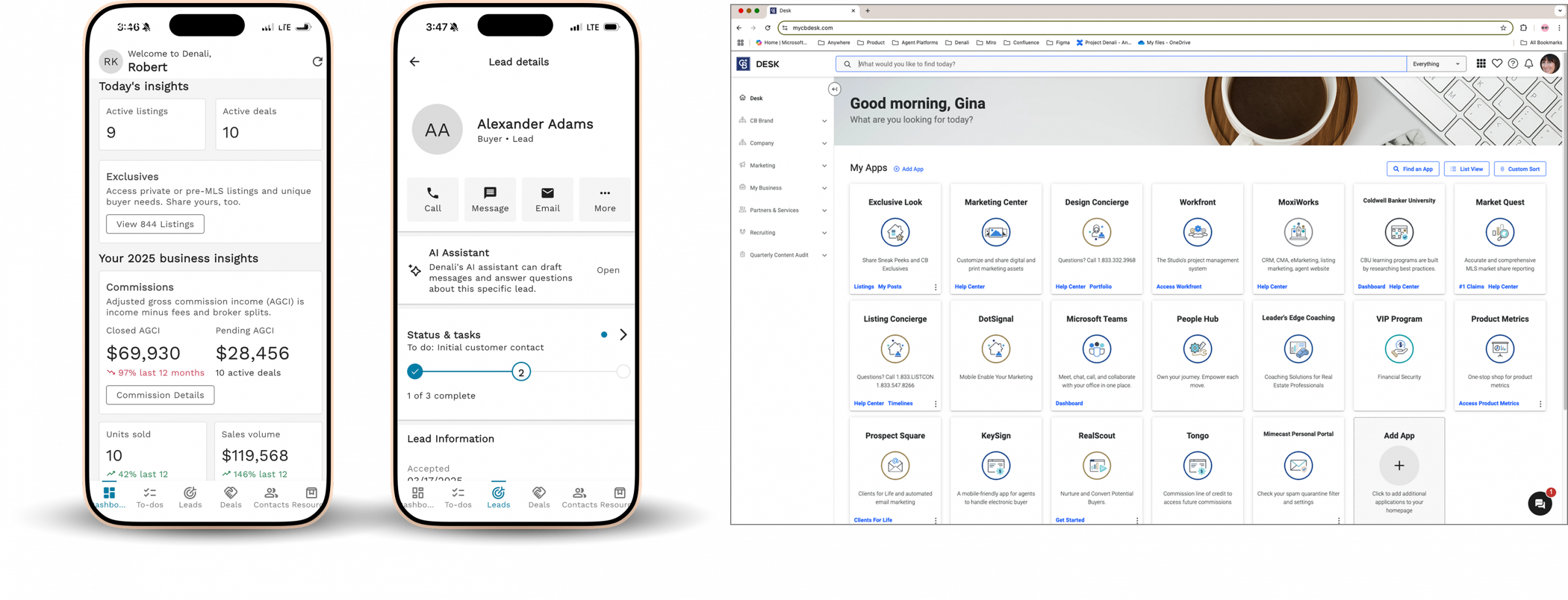 2 screens of the beta version of Denali and the current Coldwell Banker application, Desk