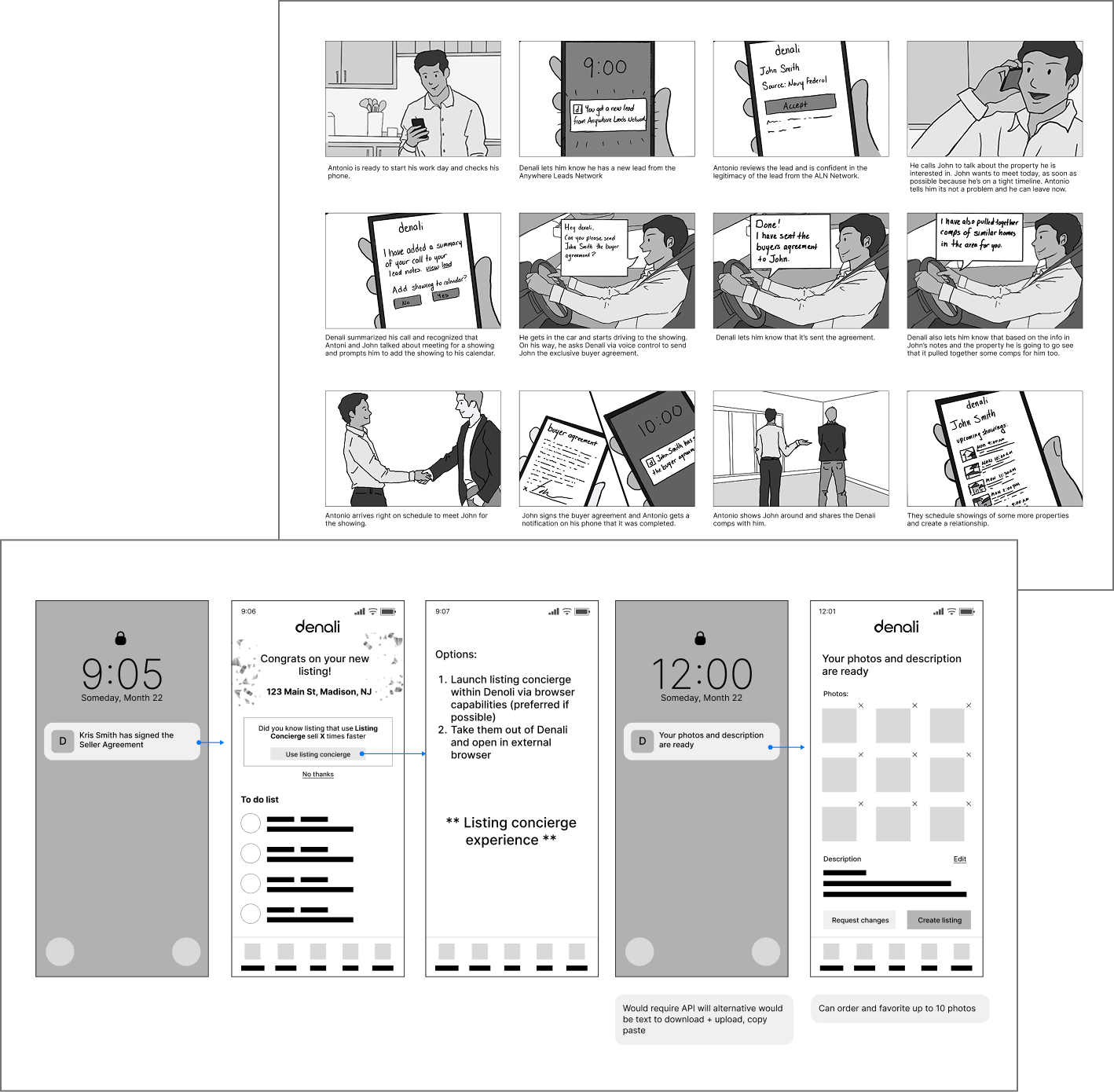 examples of final storyboards and lo-fi wireframes